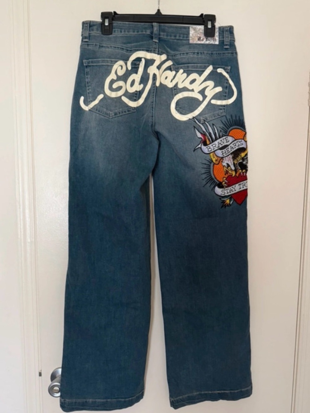 Ed Hardy Blue Denim Jeans with White Script and Multicolor Patch - Picture 2 of 8